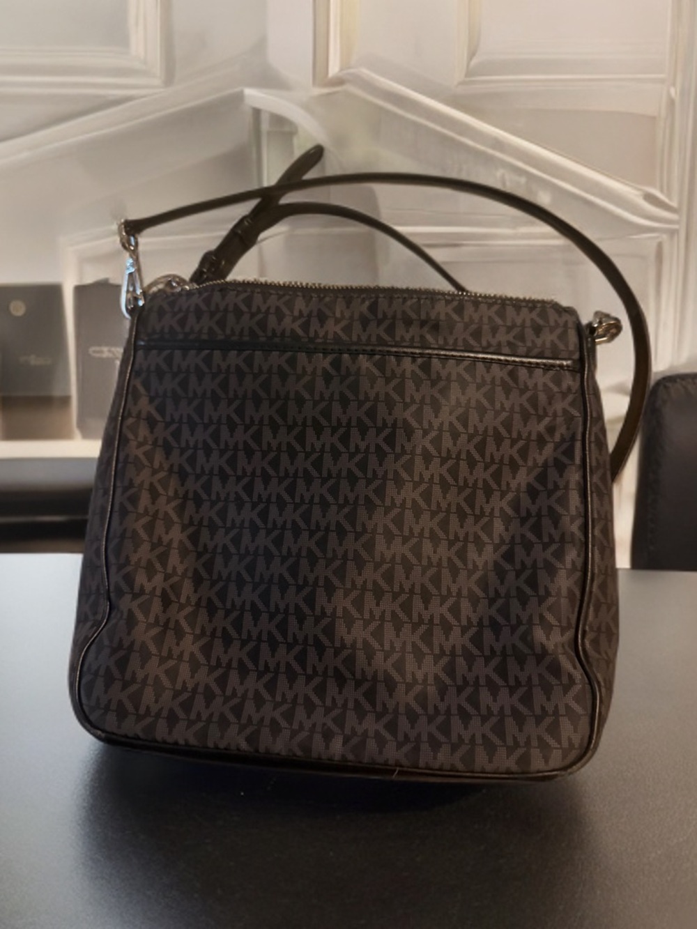 Michael Kors Dark Brown and Black MK Monogram Messenger Bag